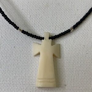 Vintage Bovine Bone Carved Cross Pendant Necklace w Black Glass Seed Beads 18"